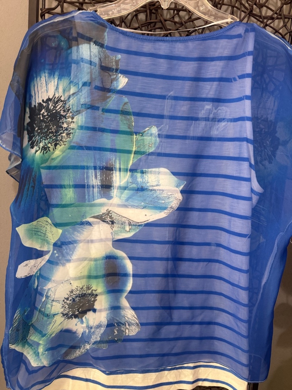 One World Blue Sheer Floral Top Striped Layered Boho Blouse PL - Picture 3 of 6